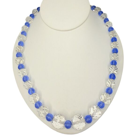 VTG Blue Crystal Glass Beaded Necklace 22” Faceted Graduated Formal Jewelry - Picture 1 of 14